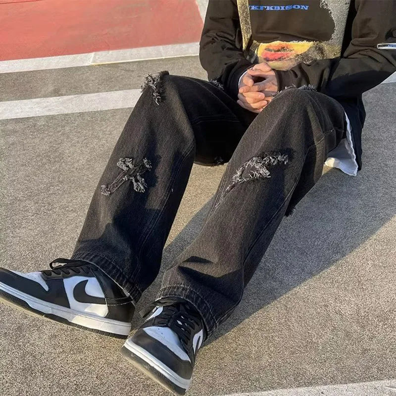 Men Straight Leg Denim Jeans Male New Fashion Casual Loose High Street Y2k Pants New Wide Leg Hip Hop Black Blue Pants