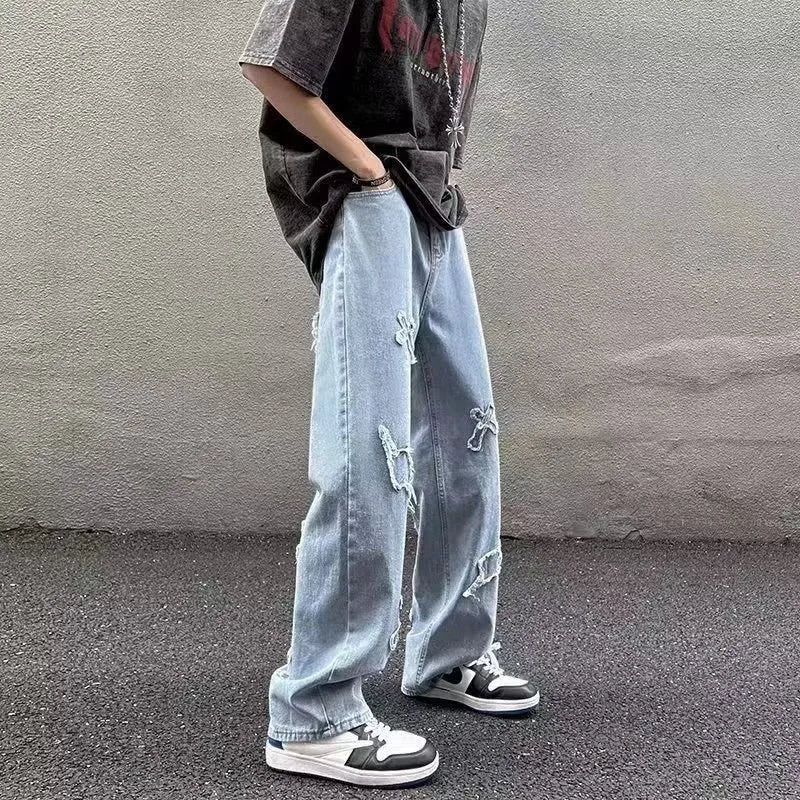 Men Straight Leg Denim Jeans Male New Fashion Casual Loose High Street Y2k Pants New Wide Leg Hip Hop Black Blue Pants