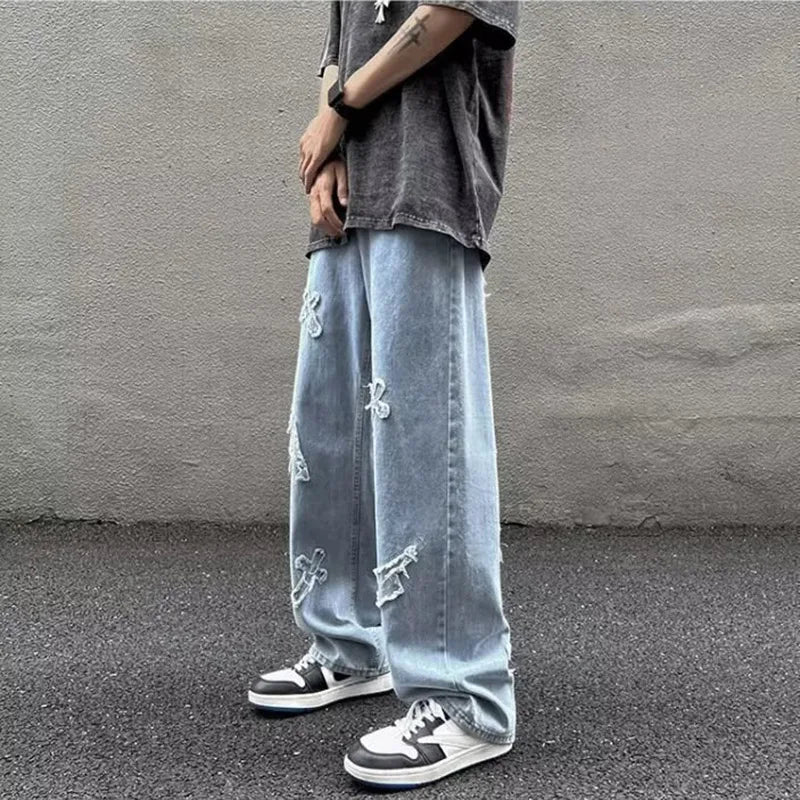 Men Straight Leg Denim Jeans Male New Fashion Casual Loose High Street Y2k Pants New Wide Leg Hip Hop Black Blue Pants