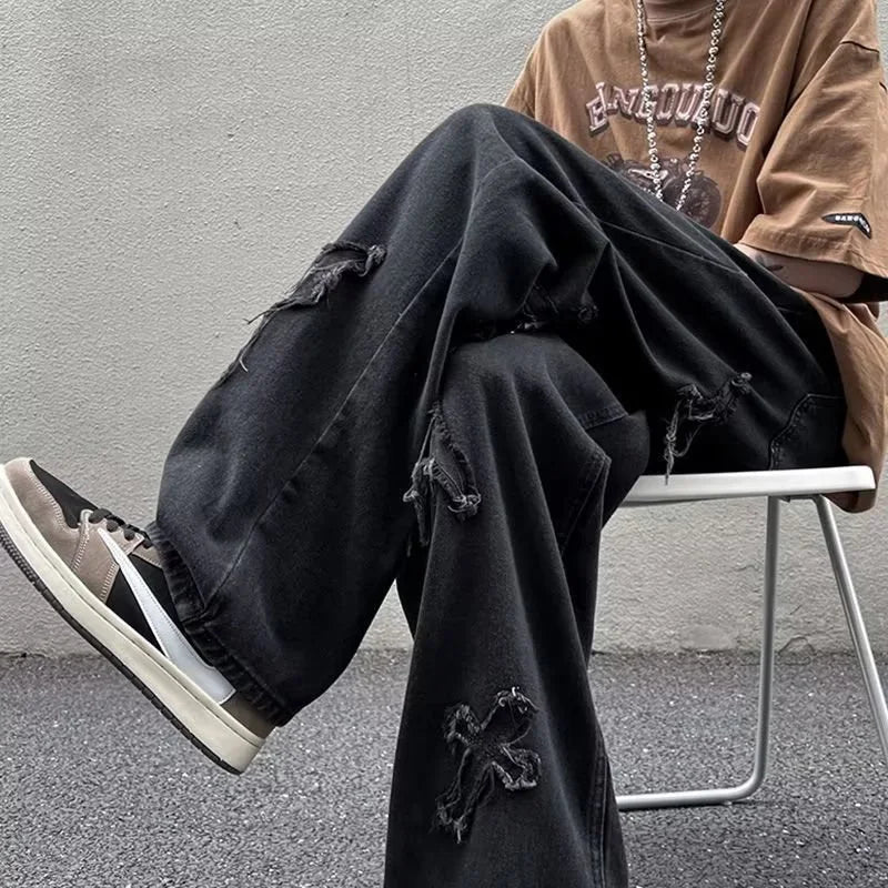 Men Straight Leg Denim Jeans Male New Fashion Casual Loose High Street Y2k Pants New Wide Leg Hip Hop Black Blue Pants