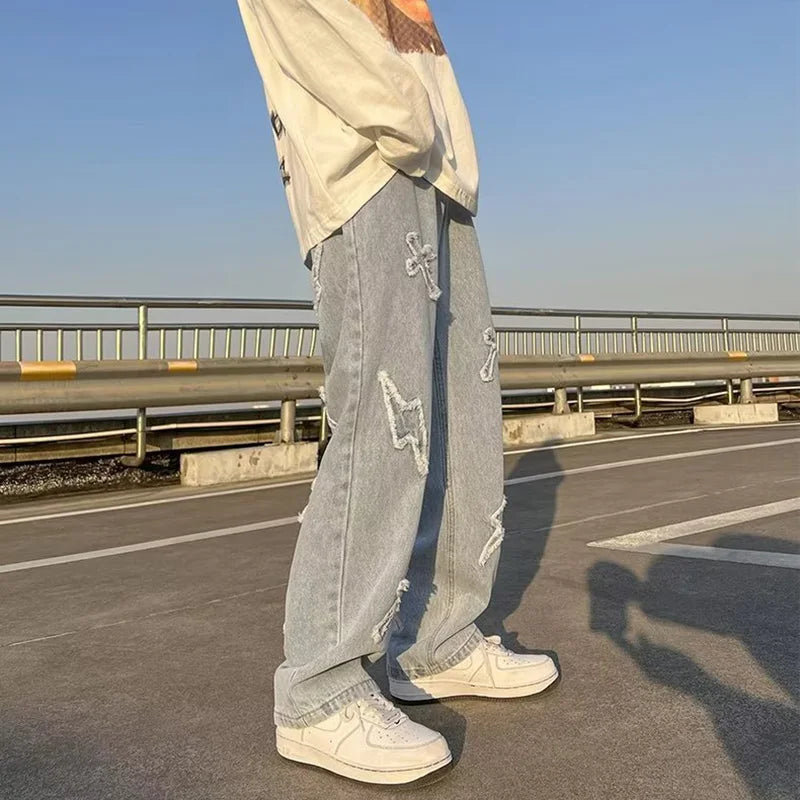 Men Straight Leg Denim Jeans Male New Fashion Casual Loose High Street Y2k Pants New Wide Leg Hip Hop Black Blue Pants