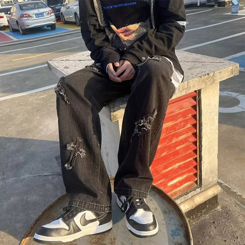 Men Straight Leg Denim Jeans Male New Fashion Casual Loose High Street Y2k Pants New Wide Leg Hip Hop Black Blue Pants