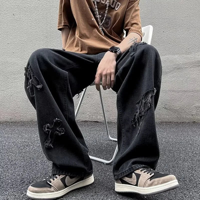 Men Straight Leg Denim Jeans Male New Fashion Casual Loose High Street Y2k Pants New Wide Leg Hip Hop Black Blue Pants