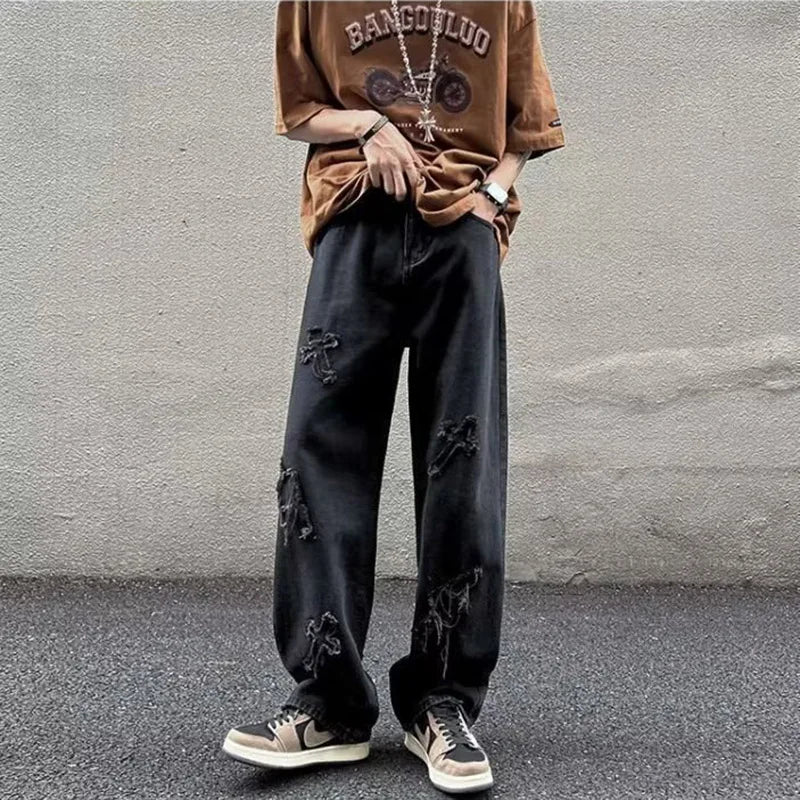 Men Straight Leg Denim Jeans Male New Fashion Casual Loose High Street Y2k Pants New Wide Leg Hip Hop Black Blue Pants